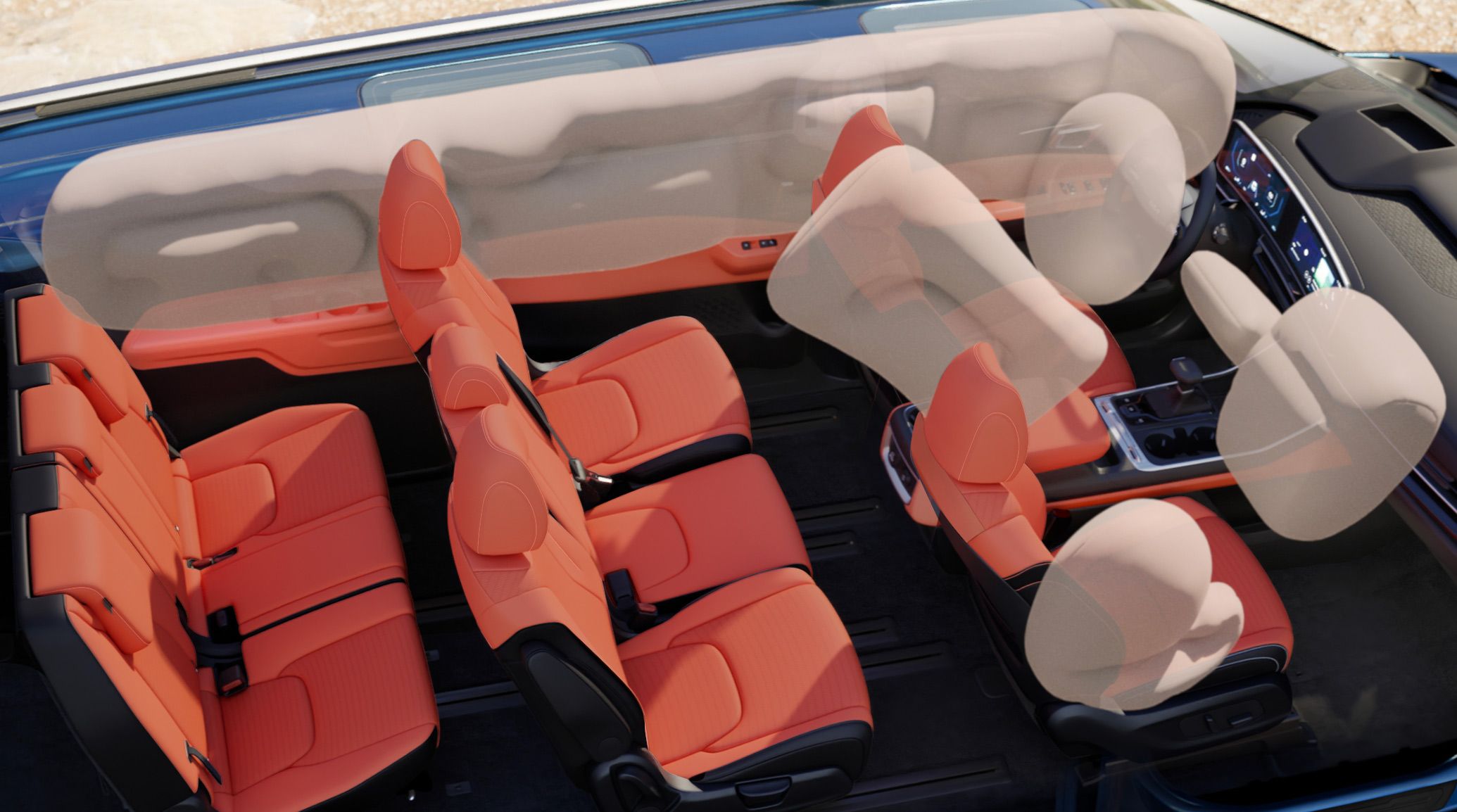 Top‑down view of the 2027 Kia Carnival interior showing three rows of red seats and translucent overlays illustrating deployed airbags for safety feature visualization.