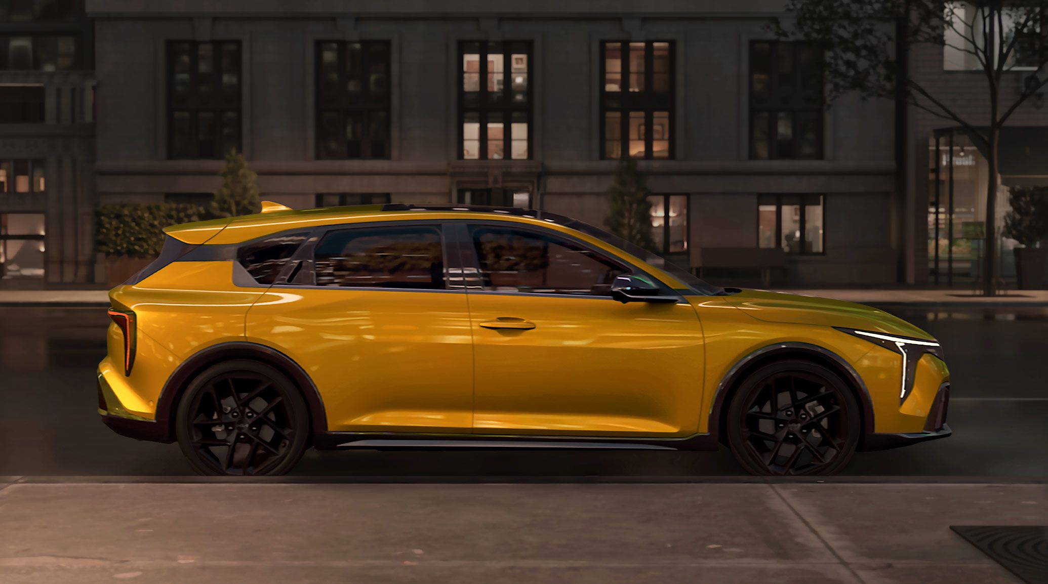 A shot of the 2026 K4 Hatchback GT-Line Turbo in Sparking Yellow idle in an urban environment while emphasizing the compact hatchback design.