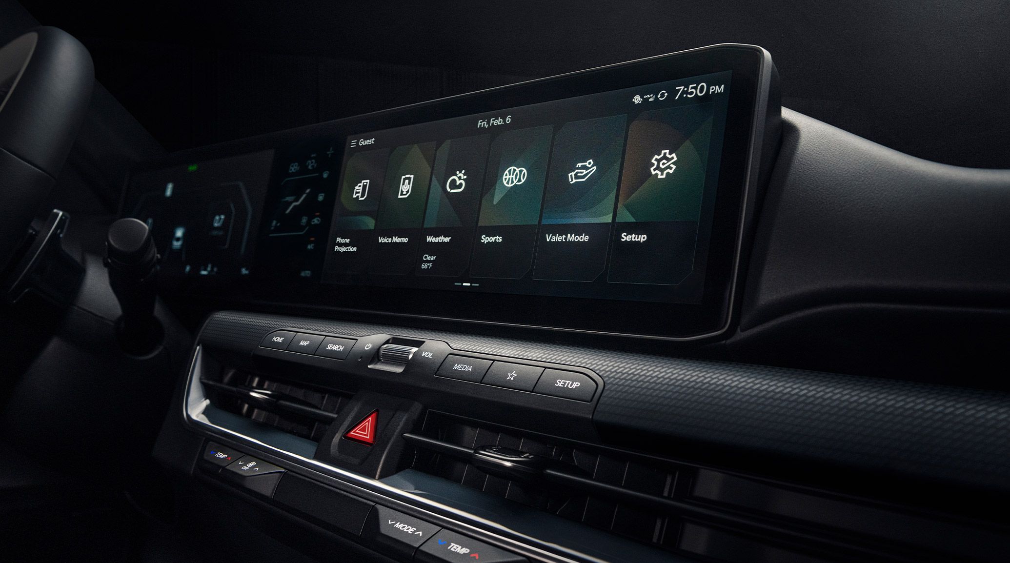 A close-up shot of the 2026 Kia K4 interior digital dashboard in black, featuring a wide infotainment display with app icons, climate control buttons, and red ambient lighting across the passenger-side trim, shown in a modern cabin design.