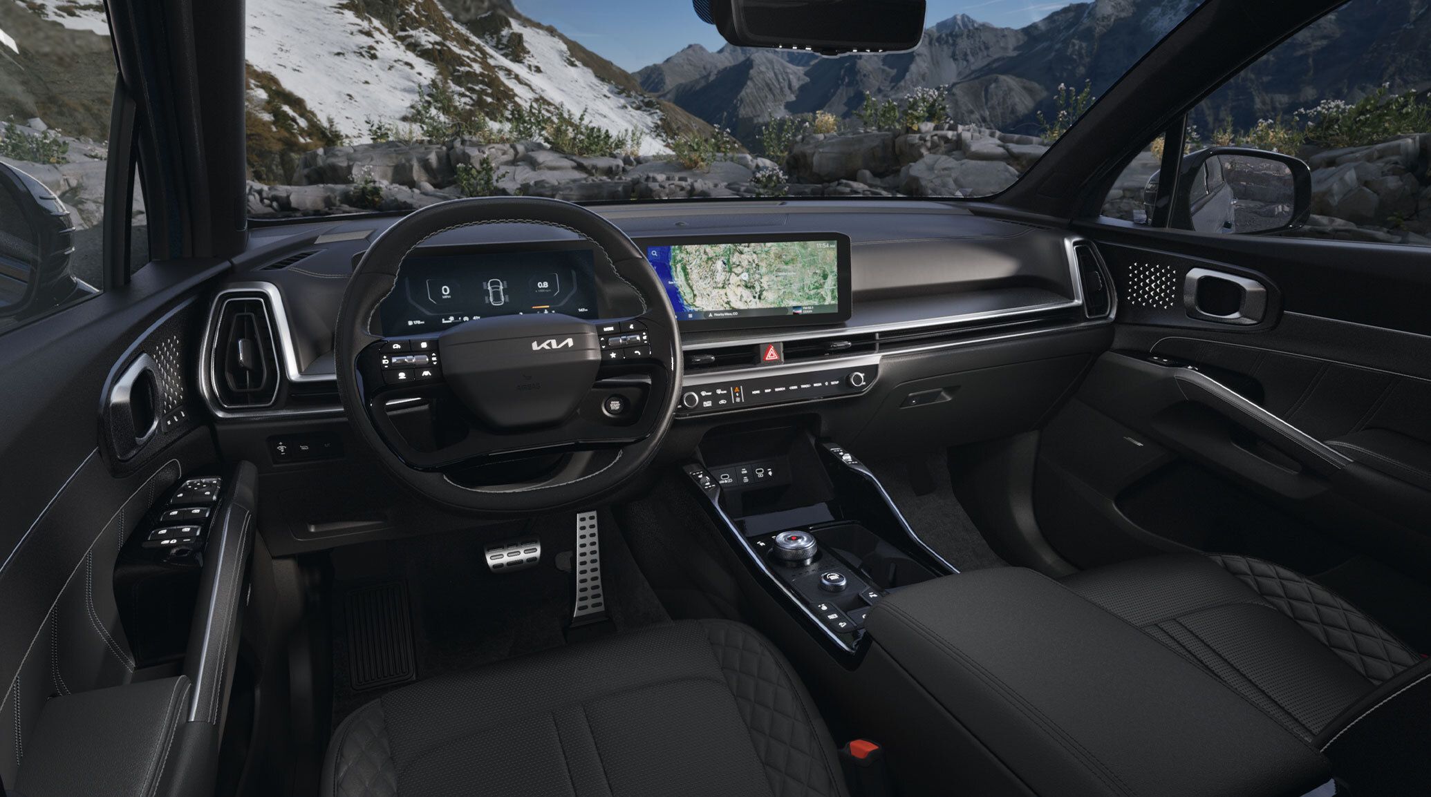 2026 Kia Sorento Plug-In Hybrid interior, view of driver's wheel and dual panoramic display