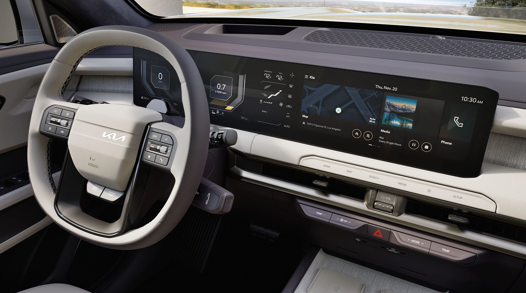 An interior shot of the 2027 Kia Telluride Hybrid featuring a modern steering wheel in off-white and combined displays with navigation and music shown.