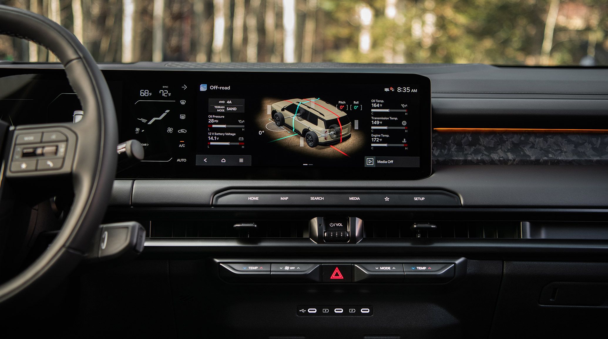 Interior view of the 2027 Kia Telluride dashboard showing digital display with off-road driving information on the screen, highlighting advanced terrain and vehicle status features.