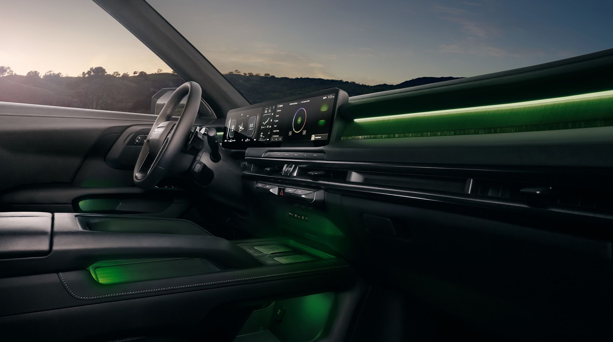 Interior view of the 2027 Kia Telluride front row in black featuring a modern dashboard with a digital display, premium leather seats, a spacious center console, and green ambient lighting, with trees and mountains visible through the windows.